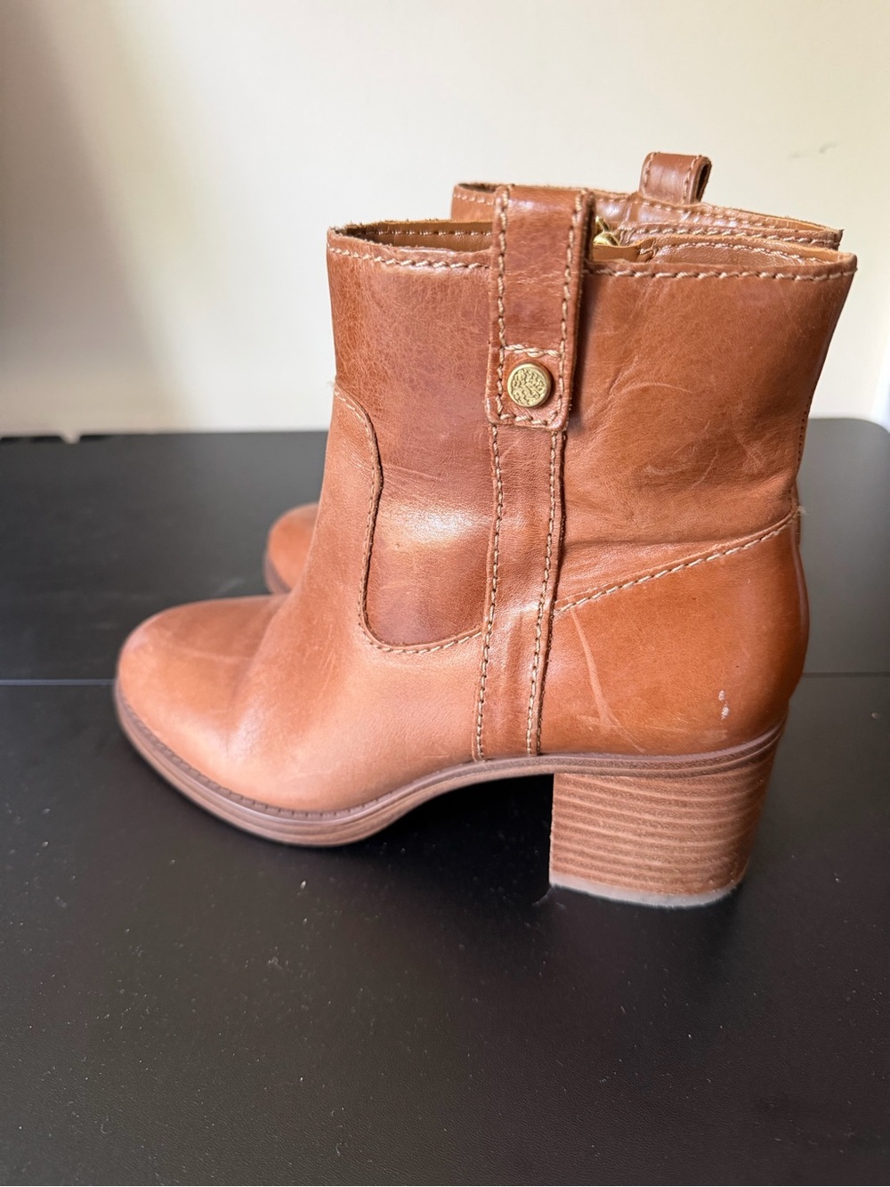 Vince Camuto Tan Leather Stacked Heel Ankle Booties